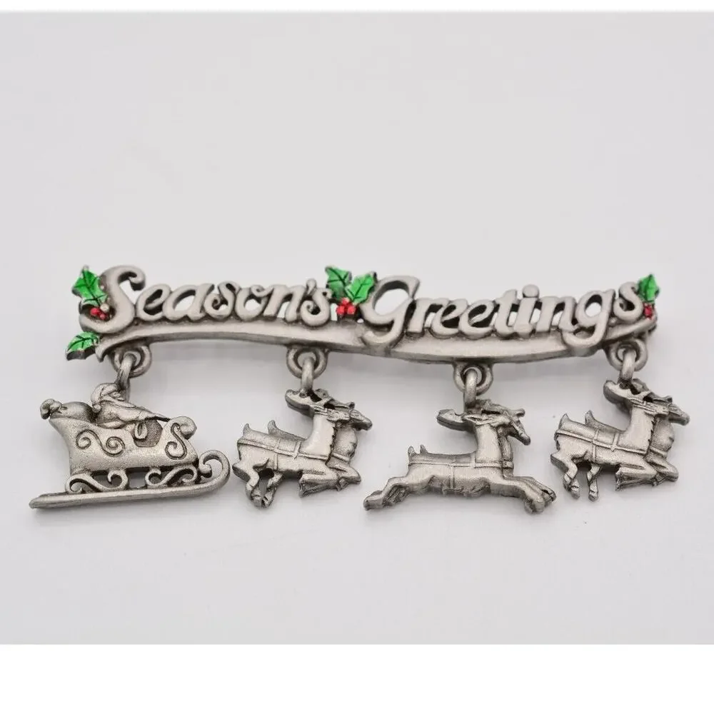 JJ Vintage Season Greetings Pin Brooch Christmas Reindeer Santa Signed NOS BinAQ